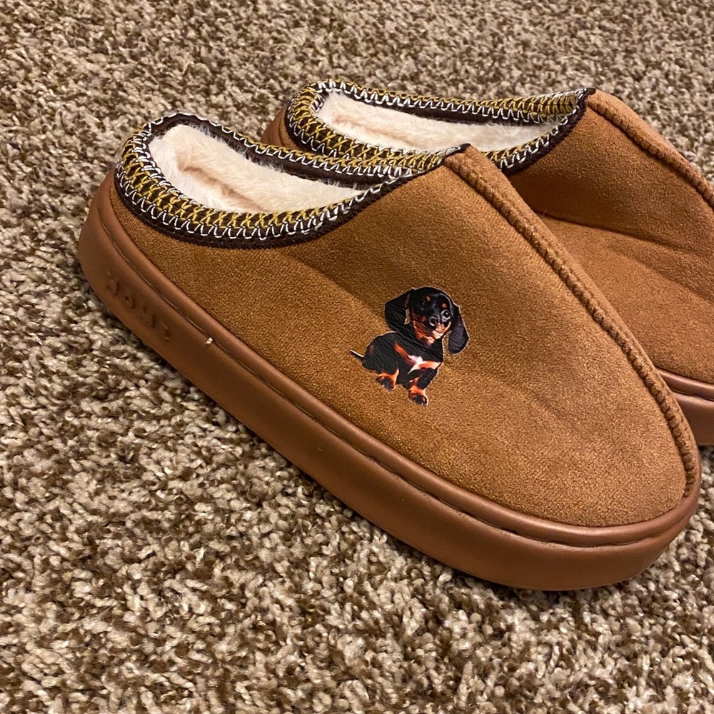 Women’s Cozy Slip-On Suede Slippers in Tan with Dachshund picture on sides